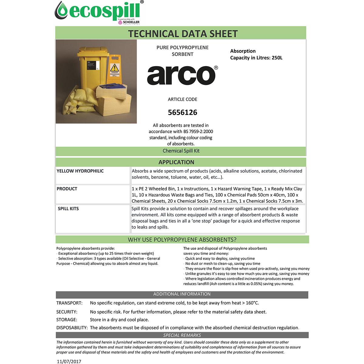 Arco 250L Chemical Spill Kit Arco Spill Kits and Stations Arco