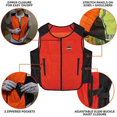 Ergodyne Chill-Its 6260 Orange Lightweight Phase Change Cooling Vest with Rechargeable Packs
