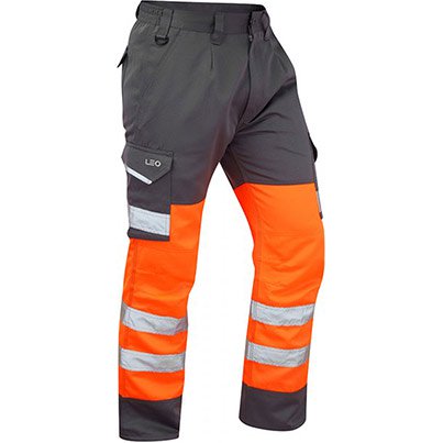 Leo Bideford Orange/Grey Men’s Hi-Vis Cargo Trousers with Kneepad Pockets
